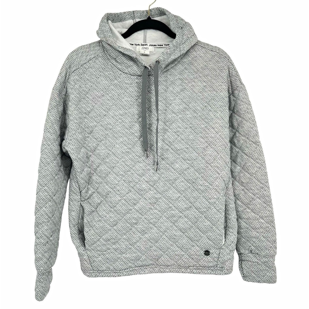 Jones New York Sport Women M Gray White Herringbone Hoodie Pullover Sweatshirt